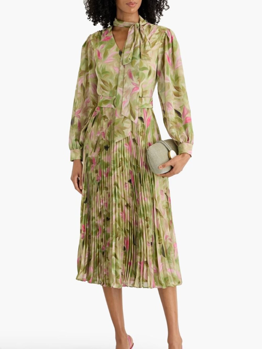 MIKAEL AGHAL Pleated Floral-Print Belted Midi Dress
